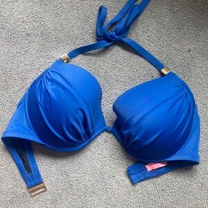Blue Victoria Secret Bathing Suit Halter Bikini top 36DD Gold accents